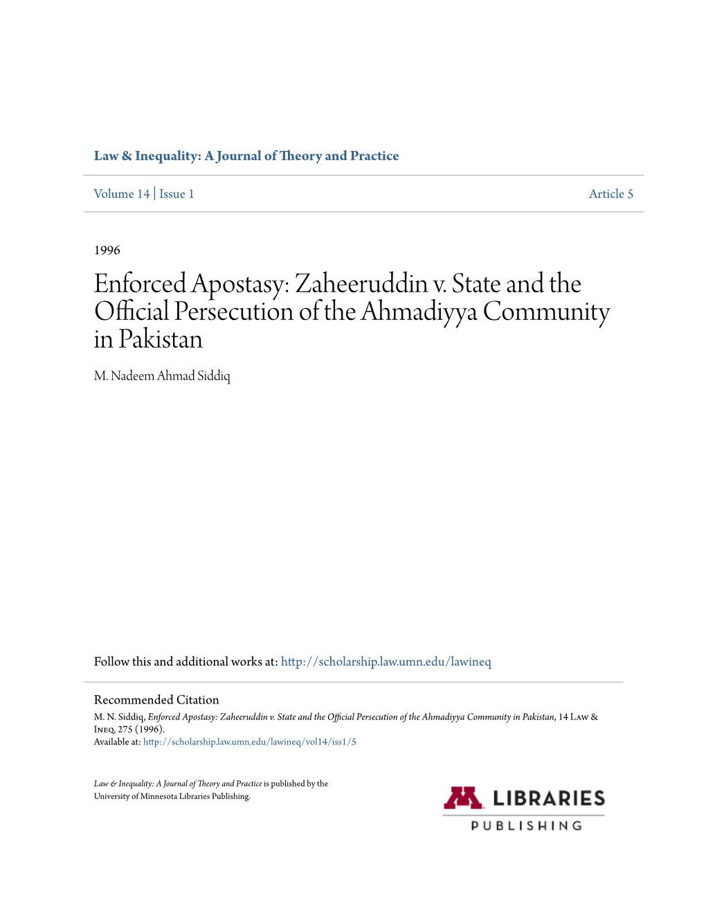 Zaheeruddin V. State and the Official Persecution of the Ahmadiyya Community in Pakistan M