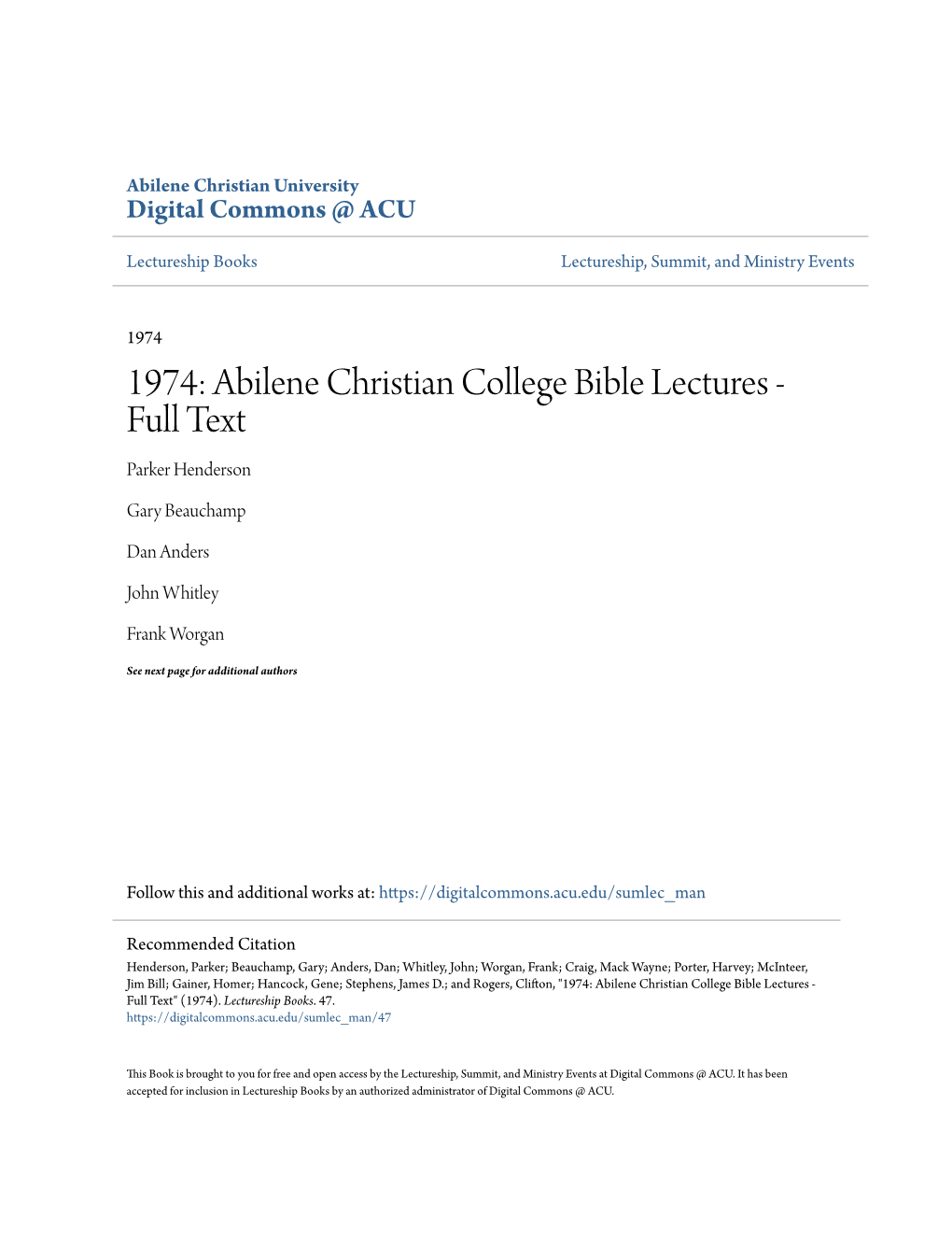 Abilene Christian College Bible Lectures - Full Text Parker Henderson