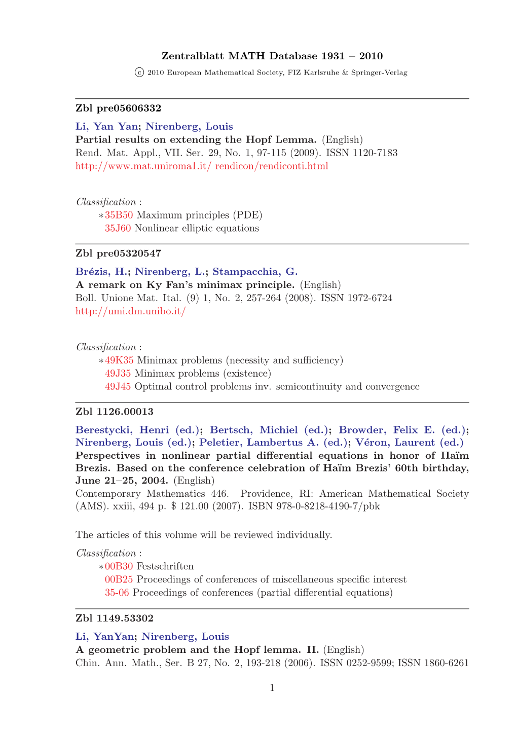 Zentralblatt MATH Database 1931 – 2010 Zbl Pre05606332 Li, Yan