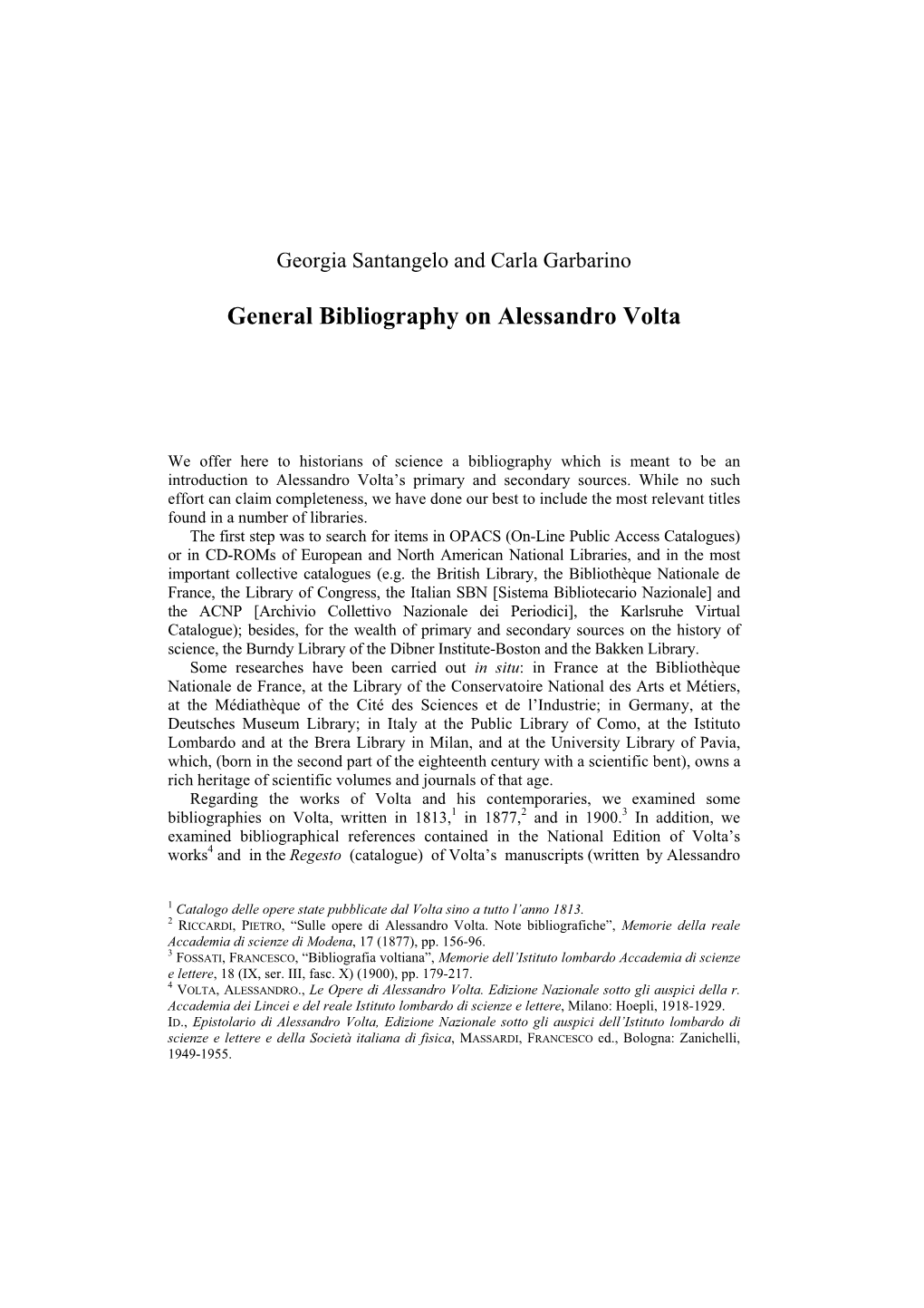 General Bibliography on Alessandro Volta