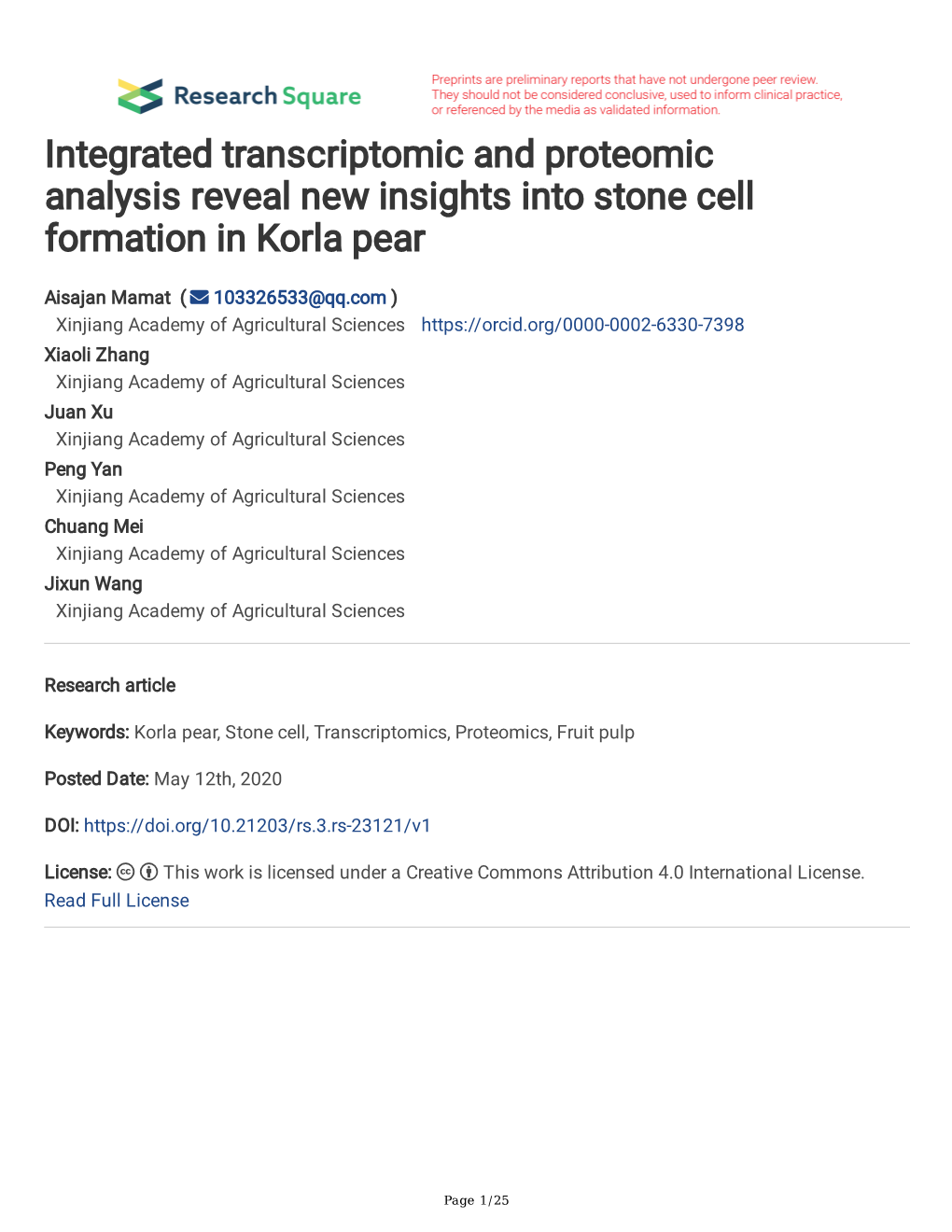 Integrated Transcriptomic and Proteomic Analysis Reveal New Insights Into Stone Cell Formation in Korla Pear