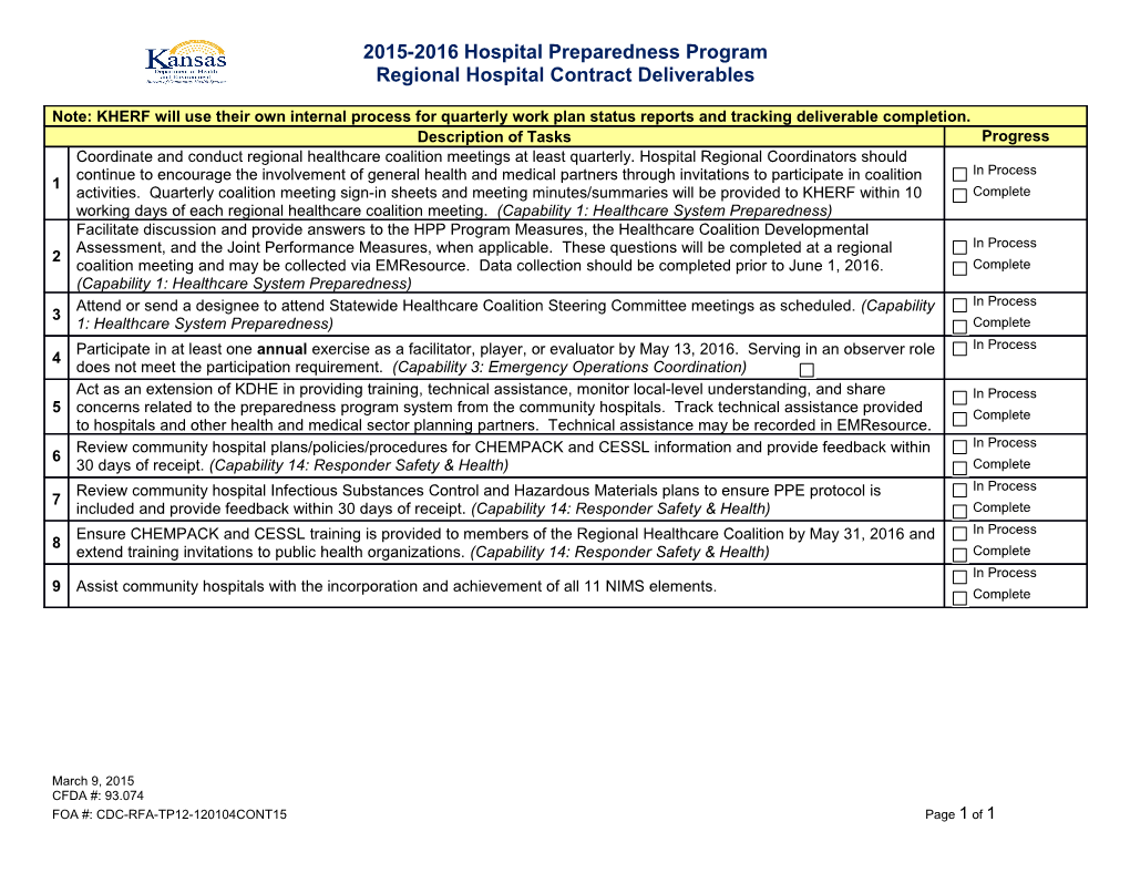 Regional Hospital Contract Deliverables