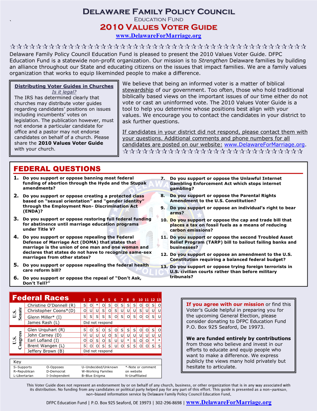 Delaware Family Policy Council 2010 Values Voter Guide