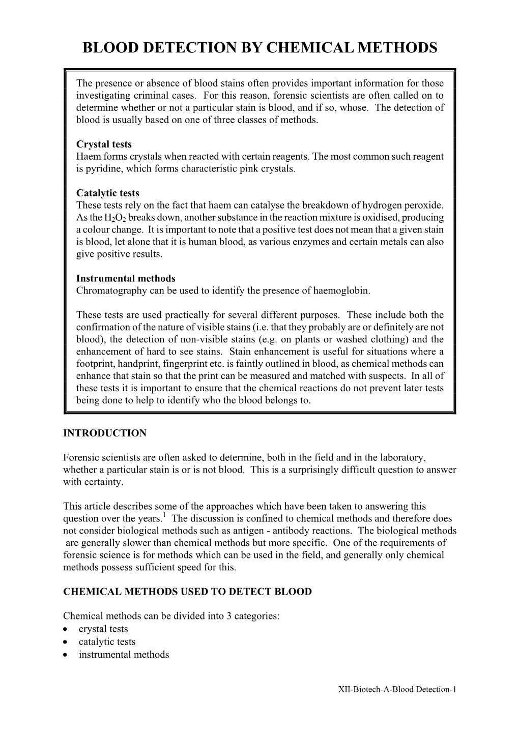 Blood Detection by Chemical Methods