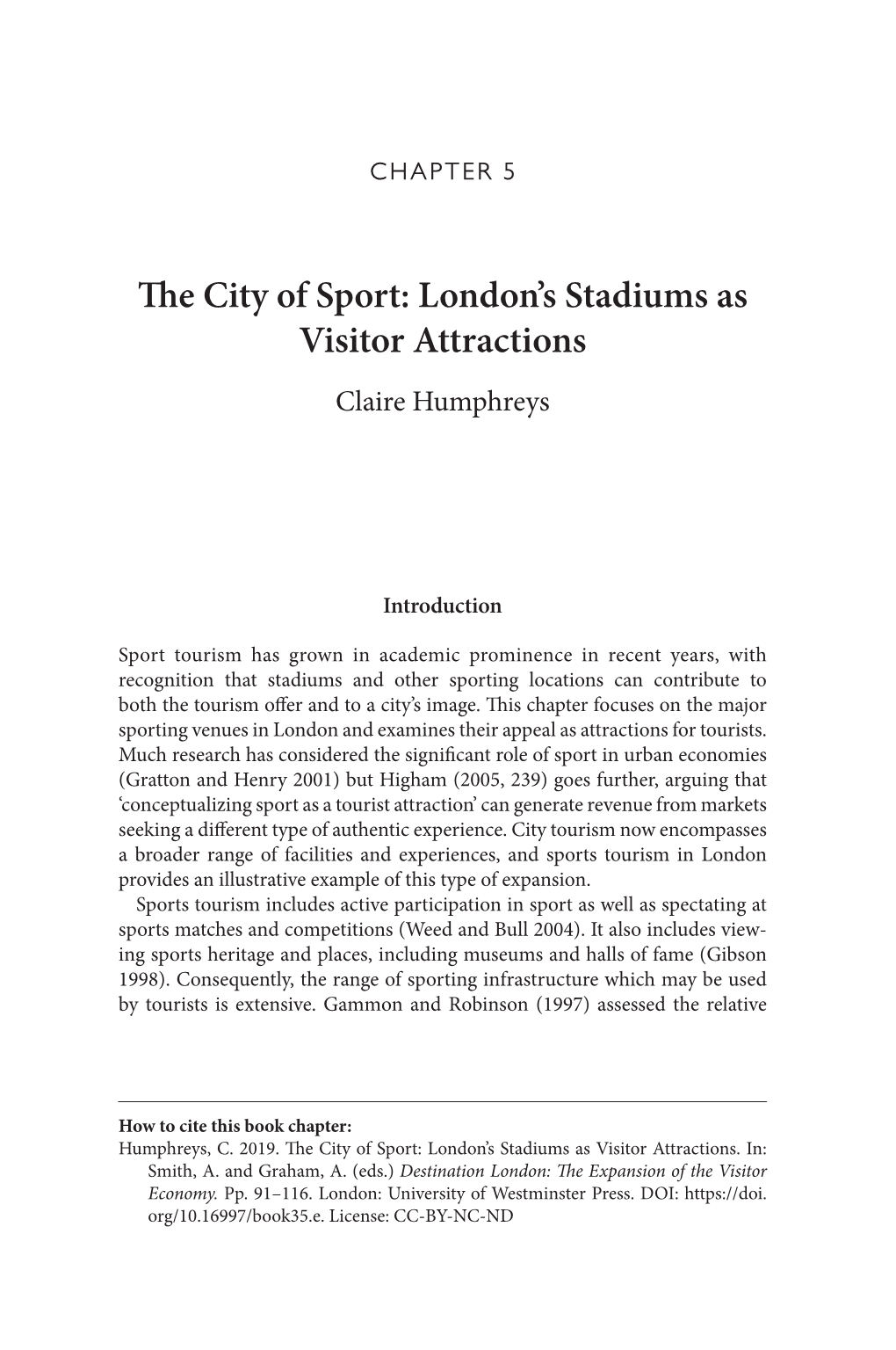 The City of Sport: London's Stadiums As Visitor Attractions