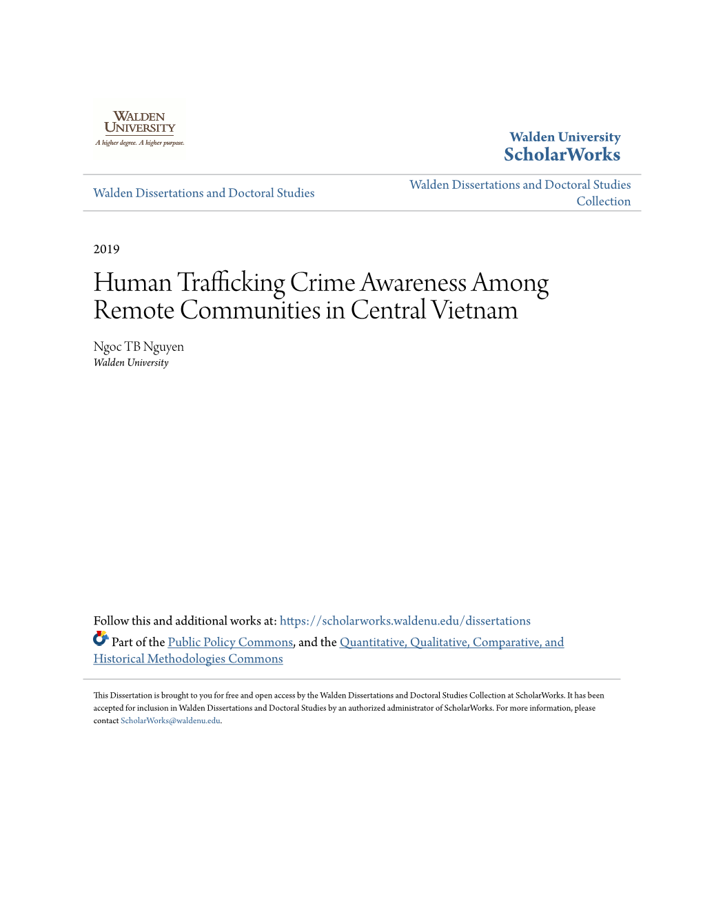 Human Trafficking Crime Awareness Among Remote Communities in Central Vietnam Ngoc TB Nguyen Walden University