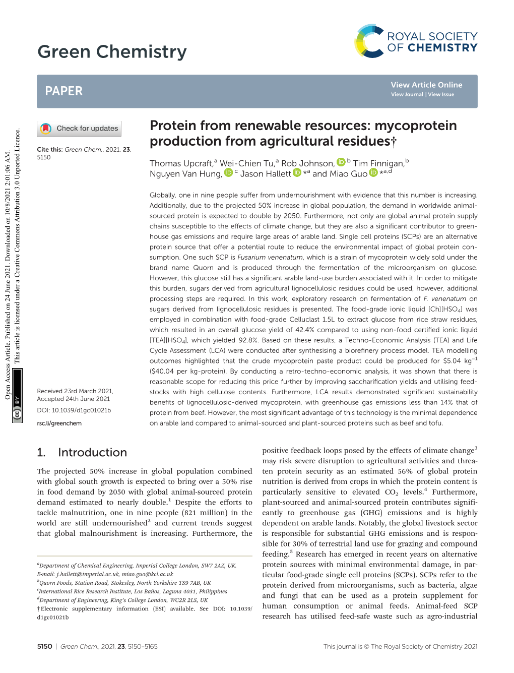 Protein from Renewable Resources: Mycoprotein Production From
