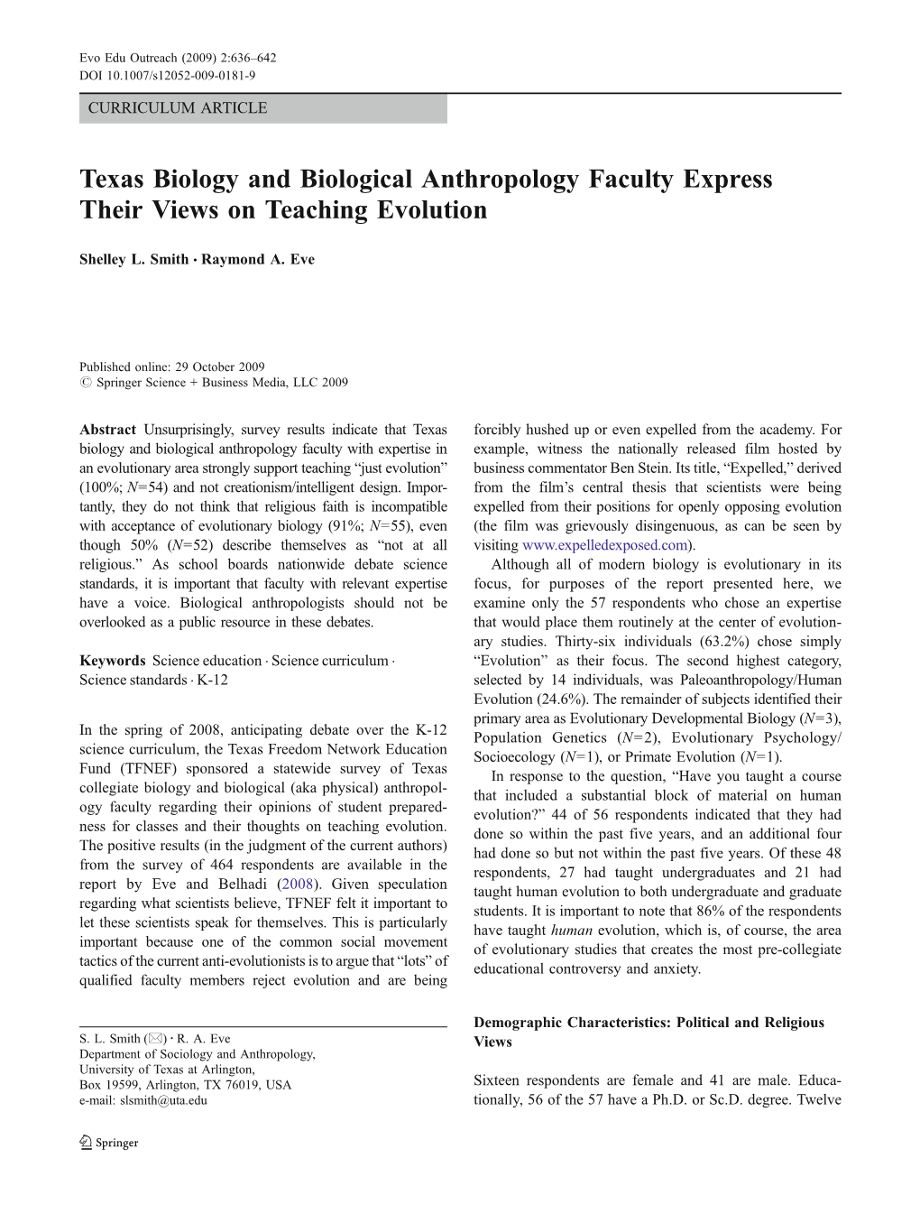 Texas Biology and Biological Anthropology Faculty Express Their Views on Teaching Evolution