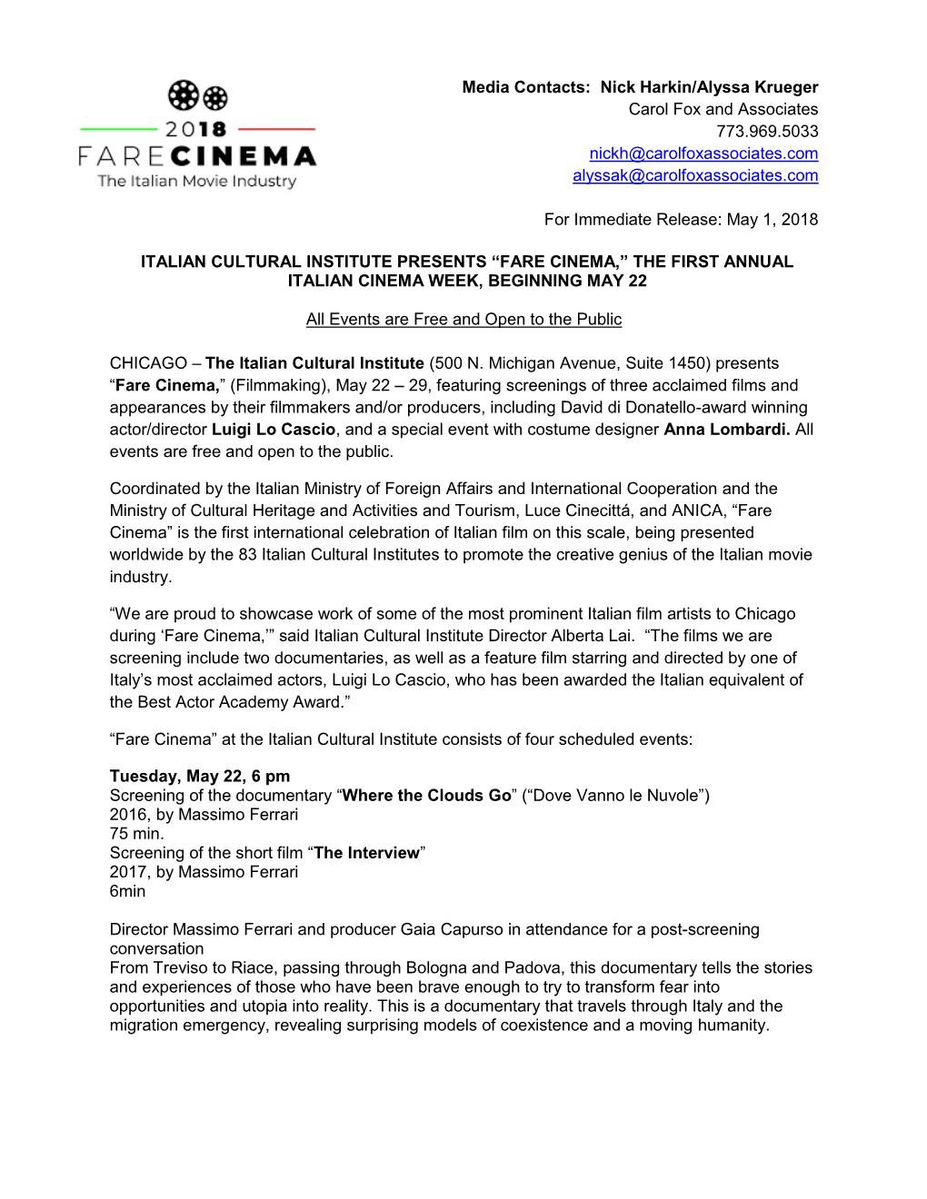 Fare Cinema,” the First Annual Italian Cinema Week, Beginning May 22