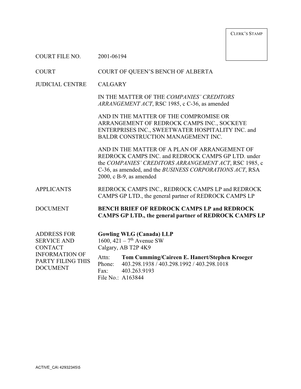 Court File No. 2001-06194 Court Court Of