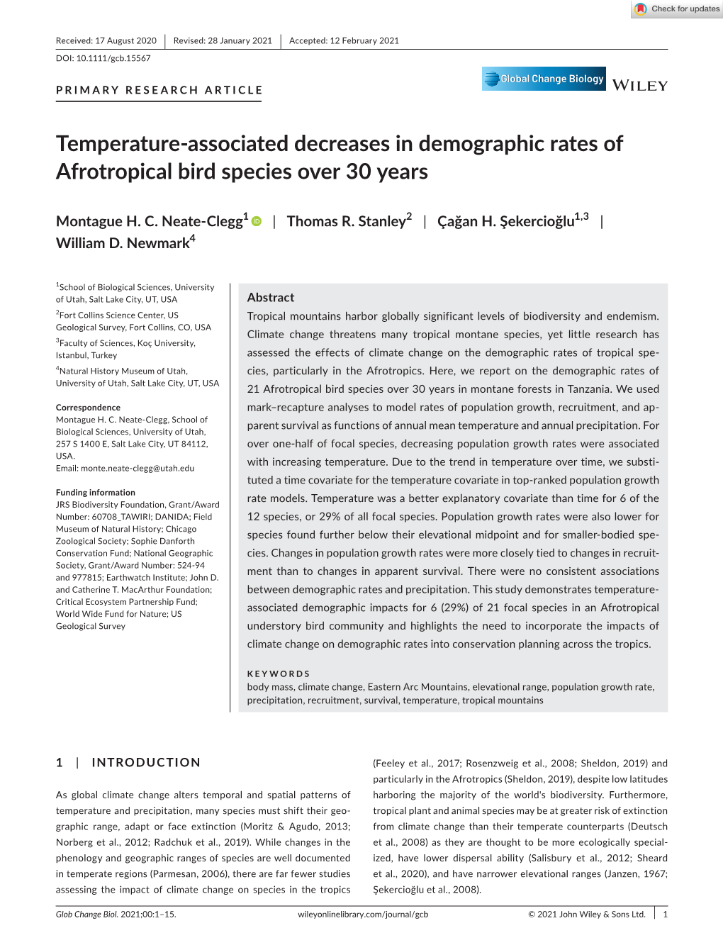 Temperature‐Associated Decreases in Demographic Rates of Afrotropical