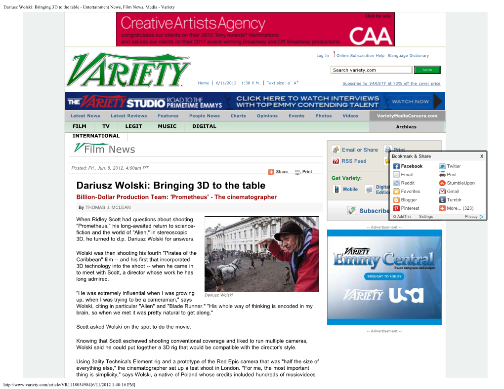 Dariusz Wolski: Bringing 3D to the Table - Entertainment News, Film News, Media - Variety