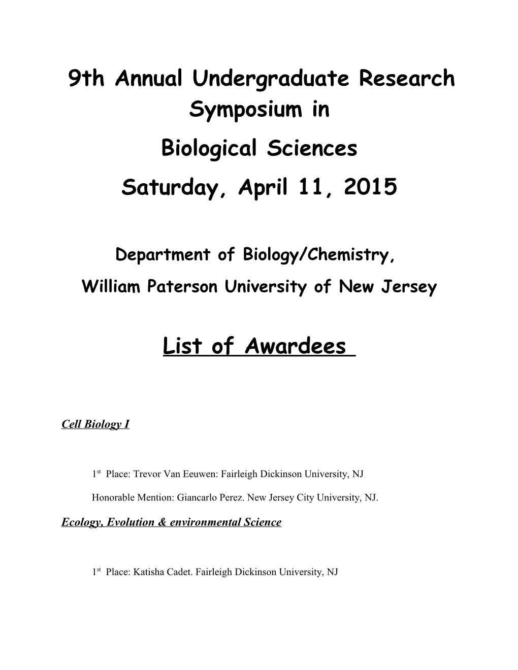 9Th Annual Undergraduate Research Symposium In