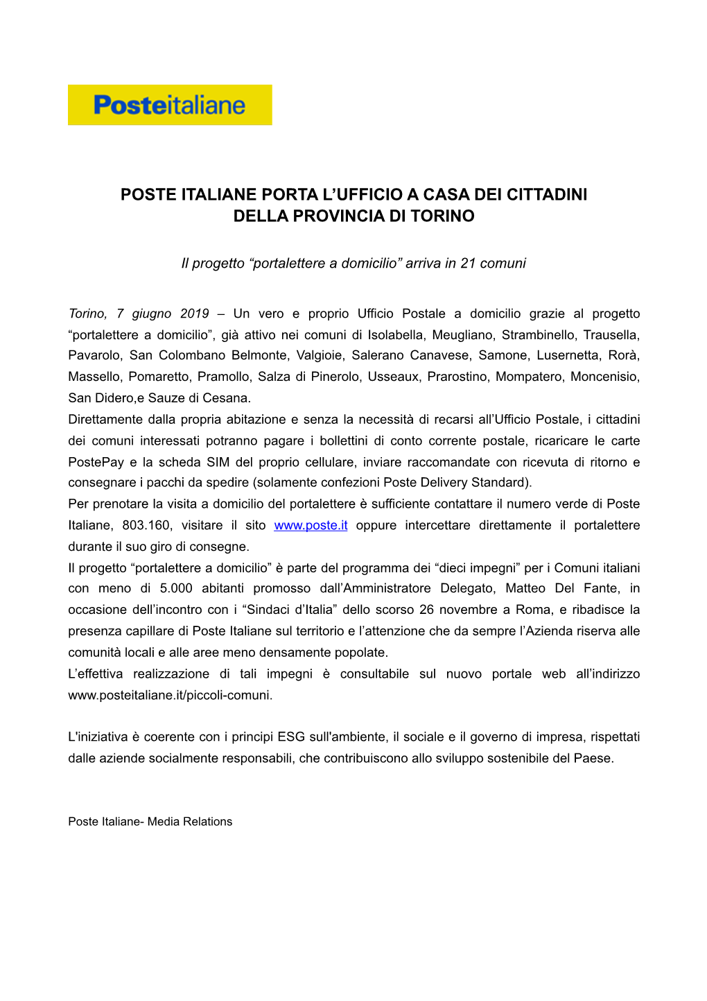 Poste Italiane Porta L'ufficio a Casa Dei Cittadini Della