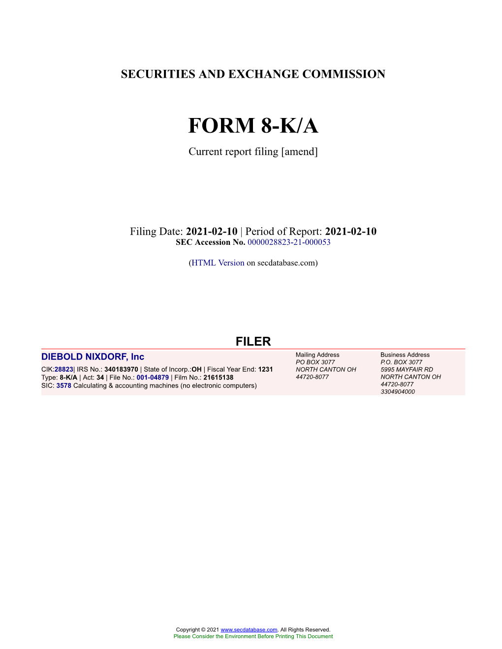 DIEBOLD NIXDORF, Inc Form 8-K/A Current Event Report Filed 2021-02