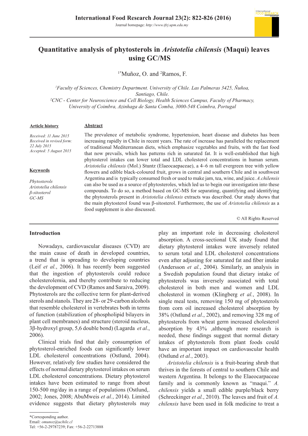 Quantitative Analysis of Phytosterols in Aristotelia Chilensis (Maqui) Leaves Using GC/MS