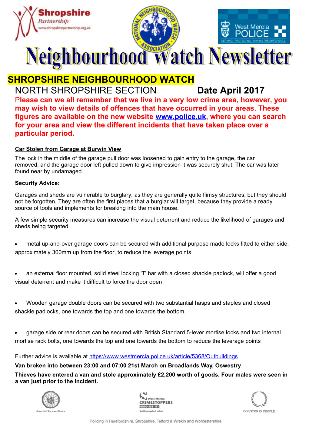 From Shelly Sidwell, Shropshire Division Neighbourhood Watch Clerk