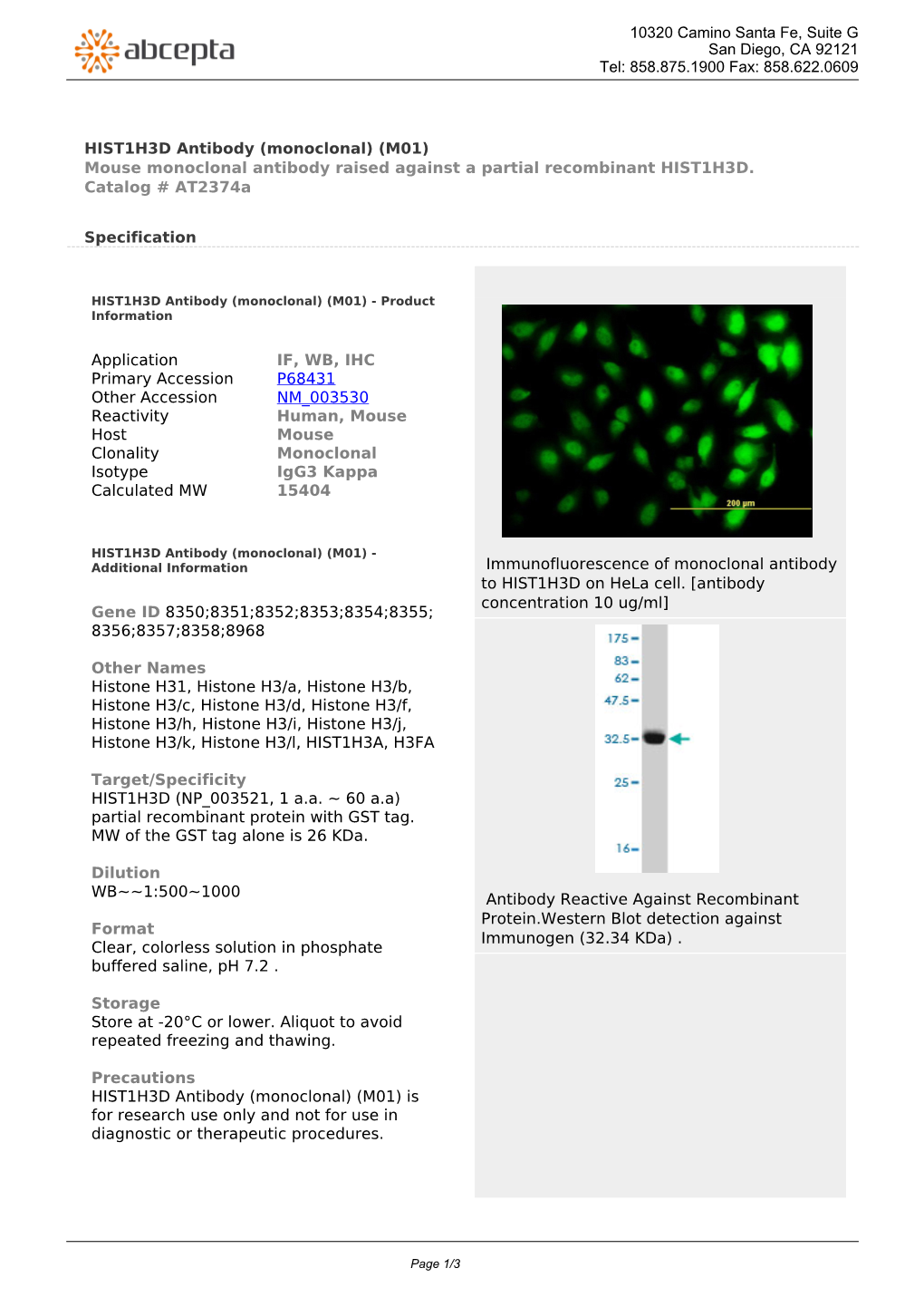 HIST1H3D Antibody (Monoclonal) (M01) Mouse Monoclonal Antibody Raised Against a Partial Recombinant HIST1H3D