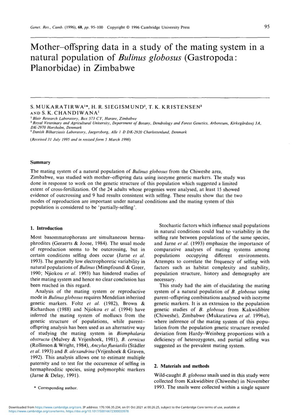 Mother-Offspring Data in a Study of the Mating System in a Natural Population of Bulinus Globosus (Gastropoda: Planorbidae) in Zimbabwe