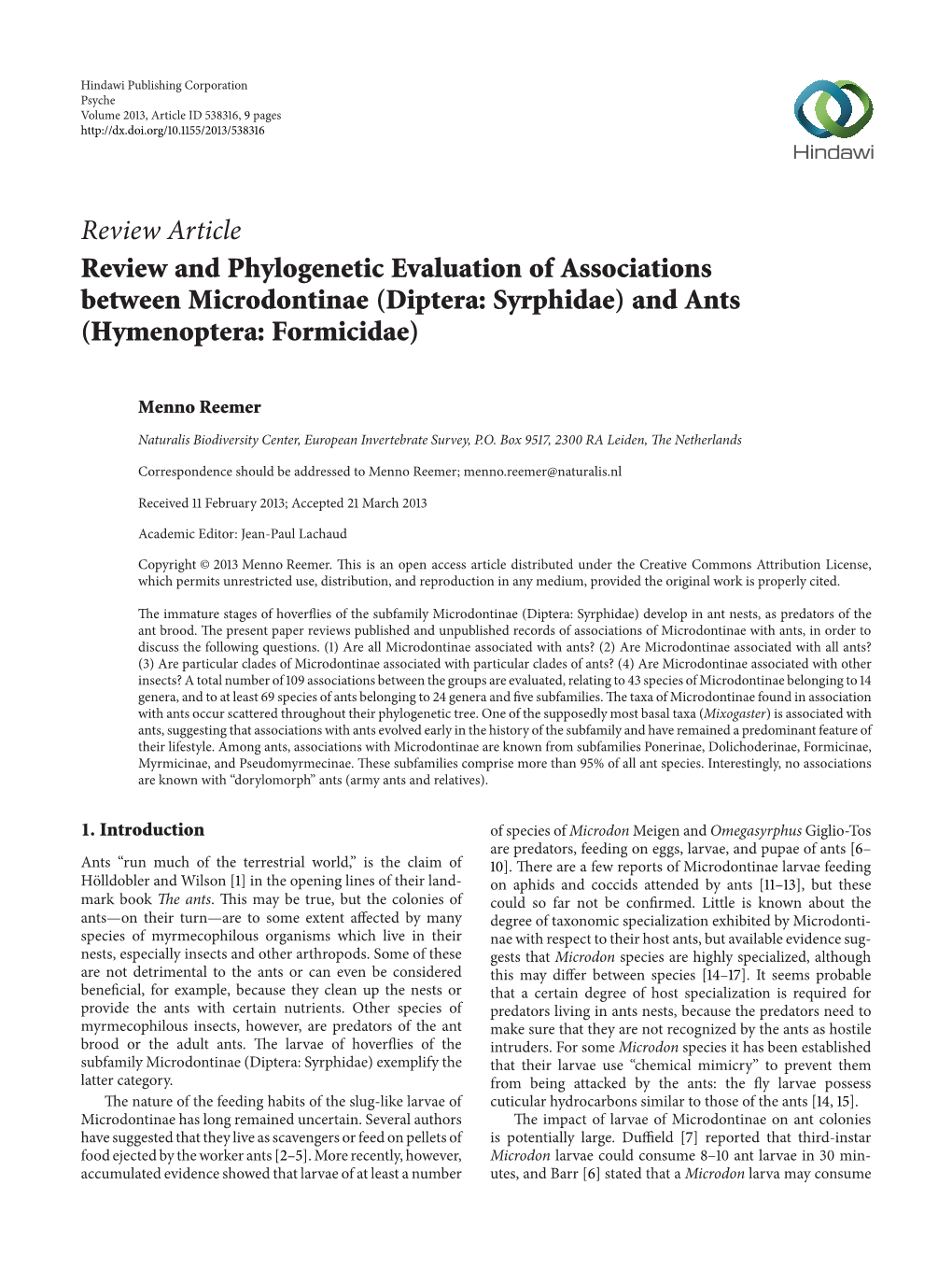 Review and Phylogenetic Evaluation of Associations Between Microdontinae (Diptera: Syrphidae) and Ants (Hymenoptera: Formicidae)