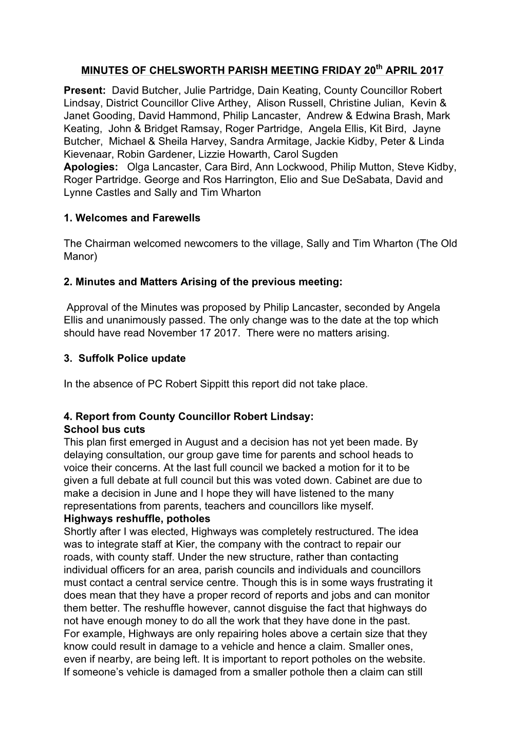 MINUTES of CHELSWORTH PARISH MEETING FRIDAY 20Th