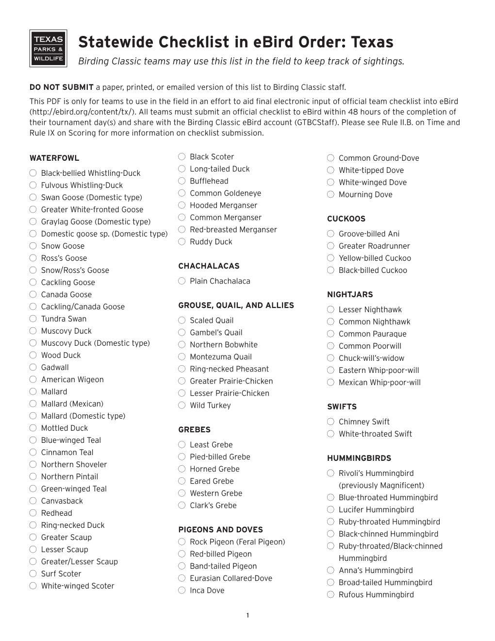 Statewide Checklist in Ebird Order: Texas Birding Classic Teams May Use This List in the Field to Keep Track of Sightings