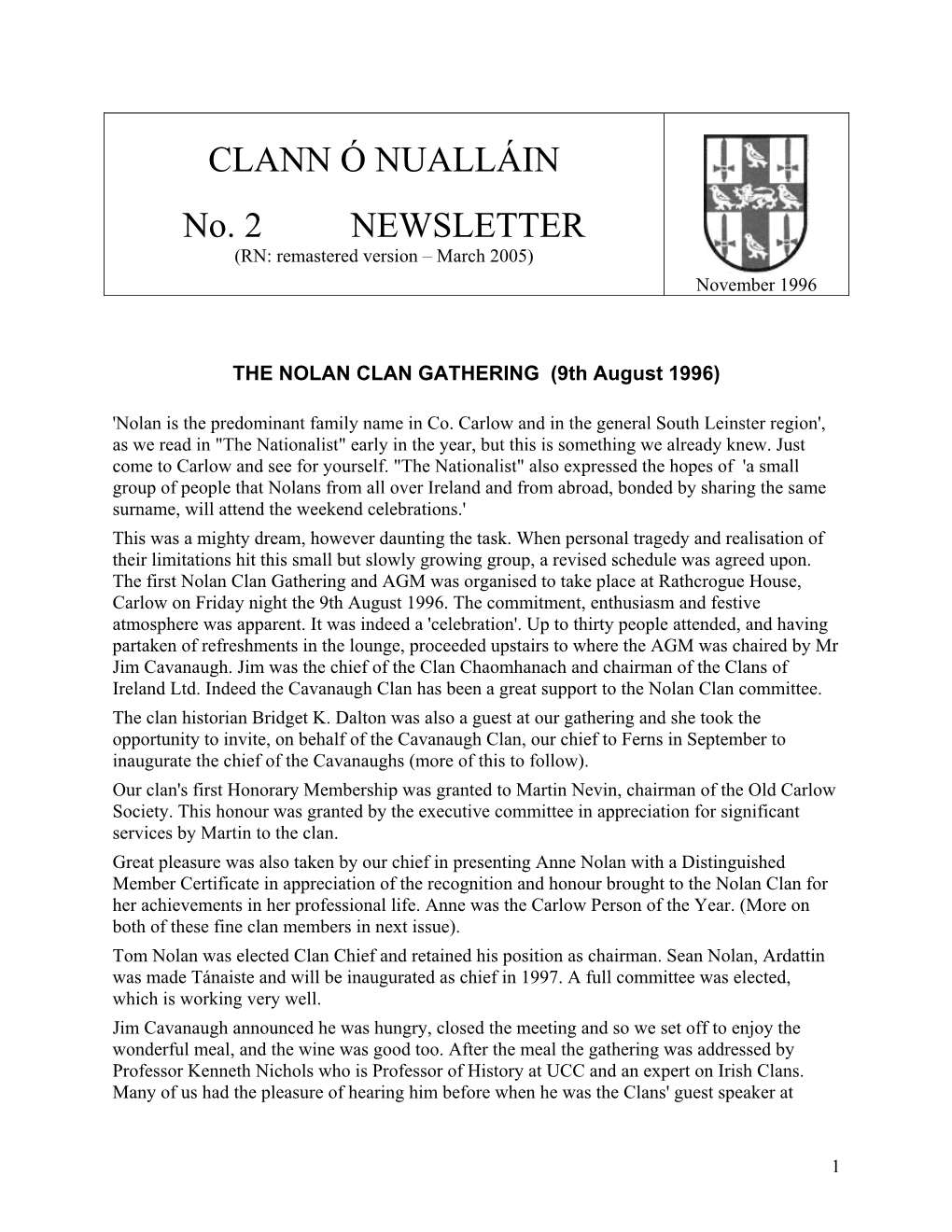 CLANN Ó NUALLÁIN No. 2 NEWSLETTER (RN: Remastered Version – March 2005)