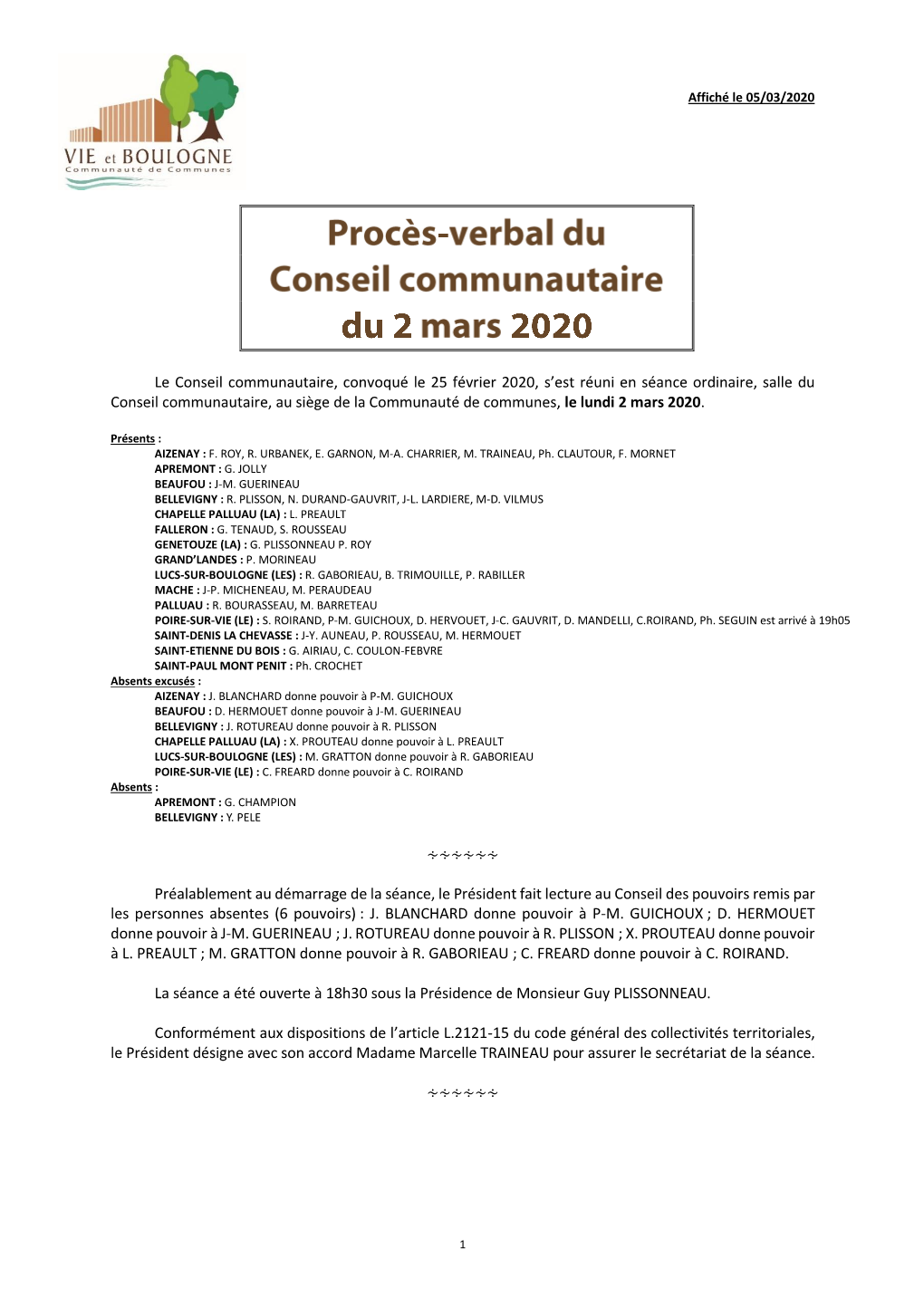 Compte Rendu Conseil Communautaire 2 Mars 2020 1,23 Mo