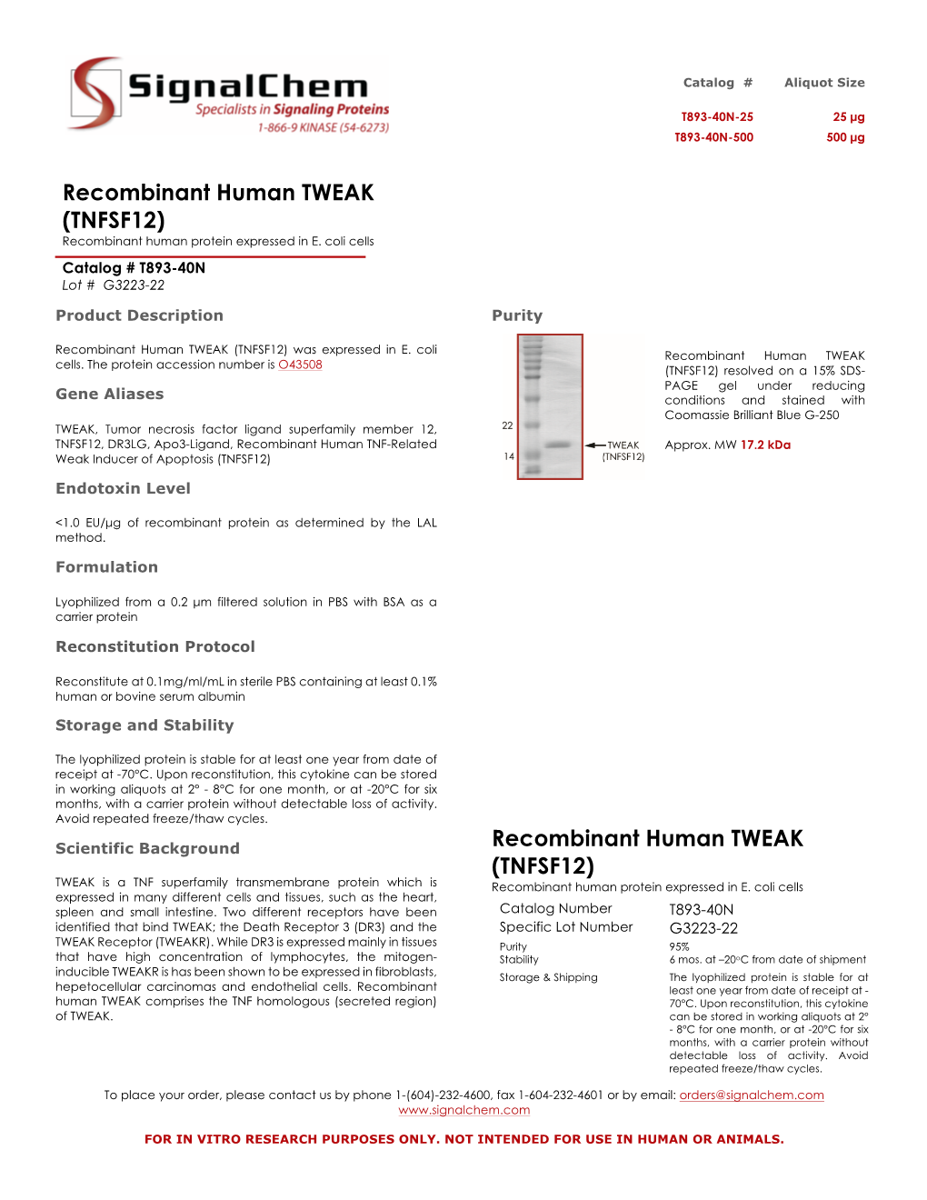 Recombinant Human TWEAK (TNFSF12) Recombinant Human Protein Expressed in E