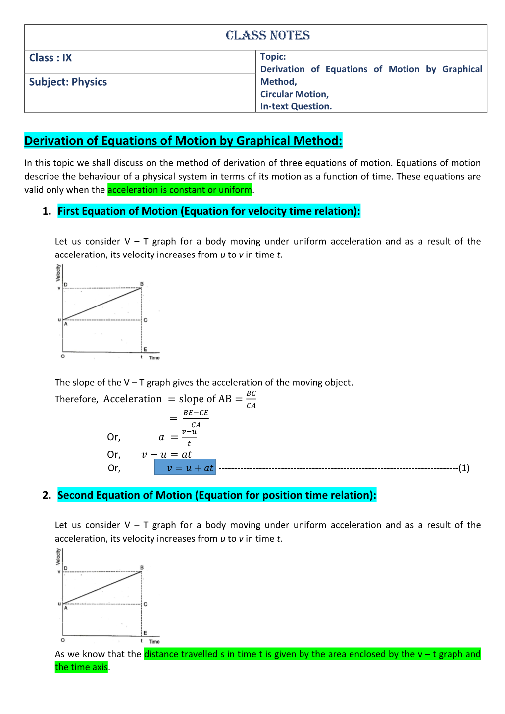 Class Notes Derivation of Equations of Motion by Graphical Method