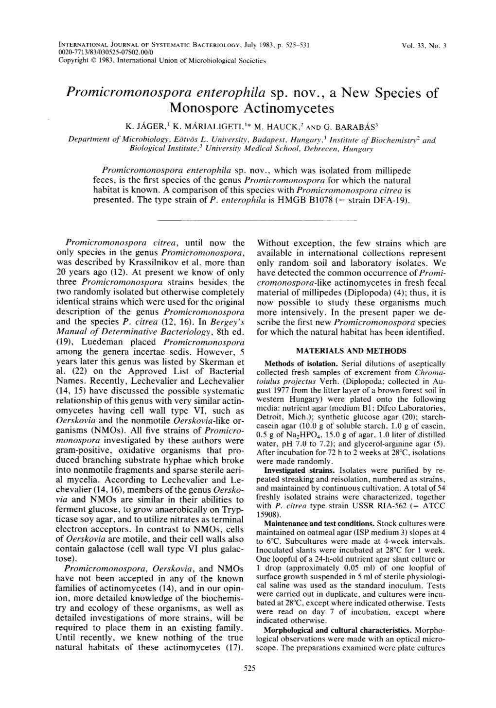 Promicromonospora Enterophila Sp. Nov., a New Species of Monospore Actinomycetes