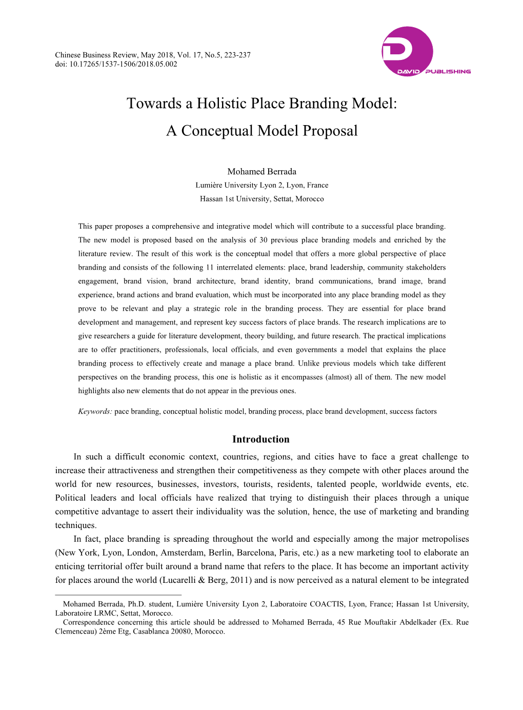 Towards a Holistic Place Branding Model: a Conceptual Model Proposal