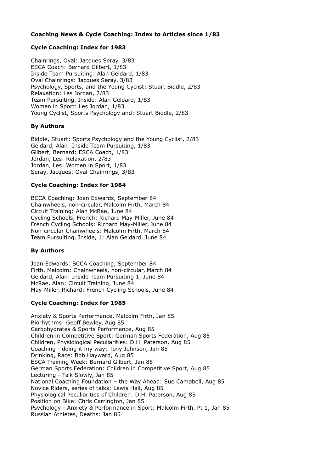 To Articles Since 1/83 Cycle Coaching: Index for 1983 Chainrings, Oval