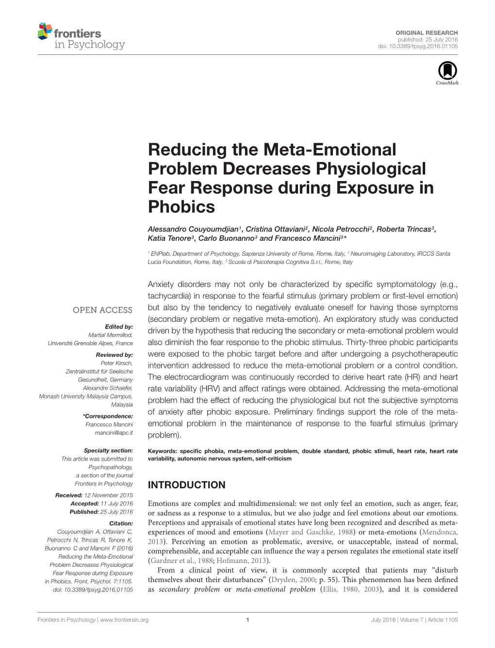 Reducing the Meta-Emotional Problem Decreases Physiological Fear Response During Exposure in Phobics