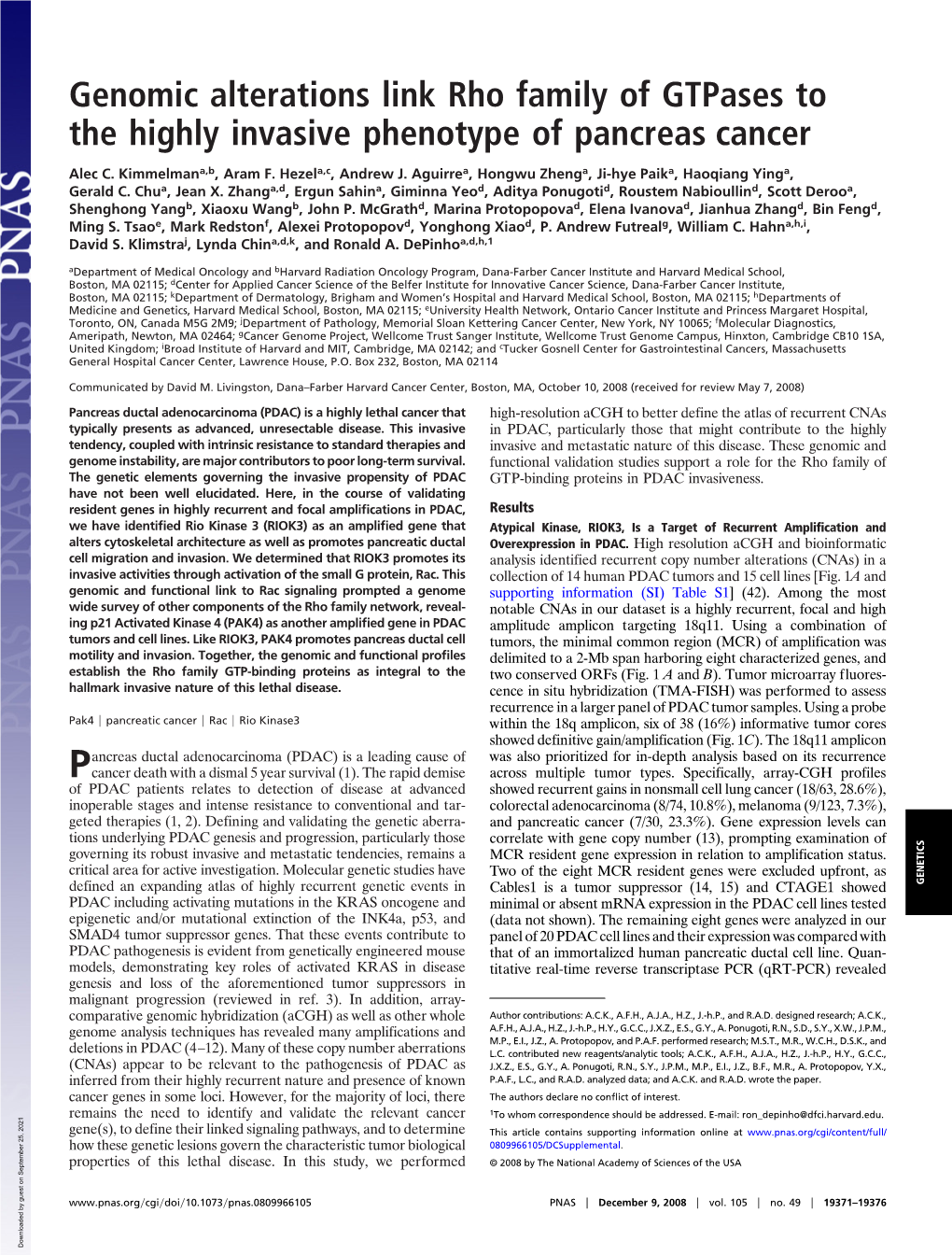 Genomic Alterations Link Rho Family of Gtpases to the Highly Invasive Phenotype of Pancreas Cancer