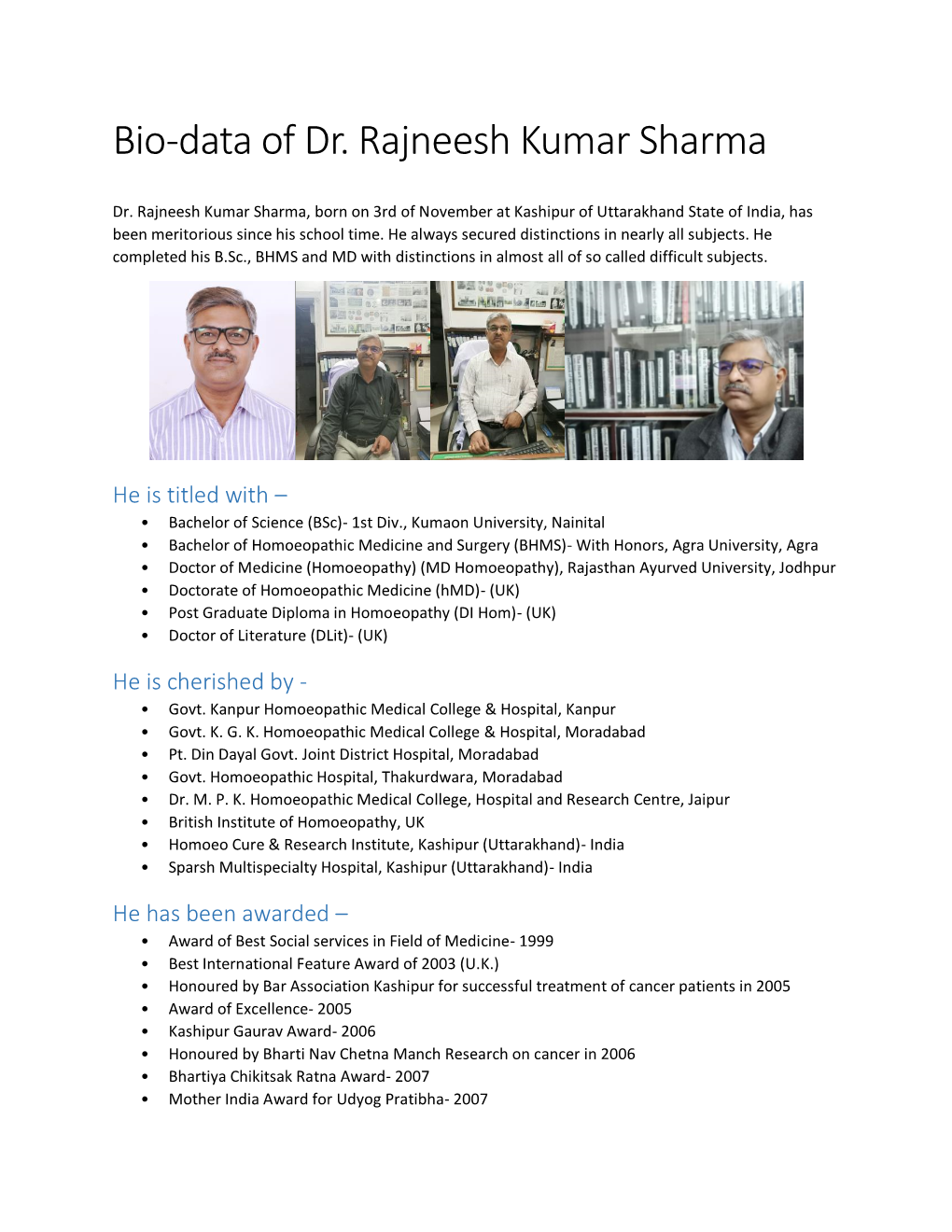 Bio-Data of Dr. Rajneesh Kumar Sharma