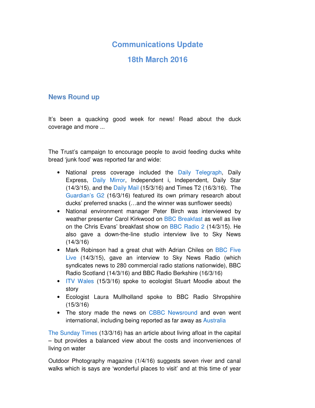 Communications Update 18Th March 2016