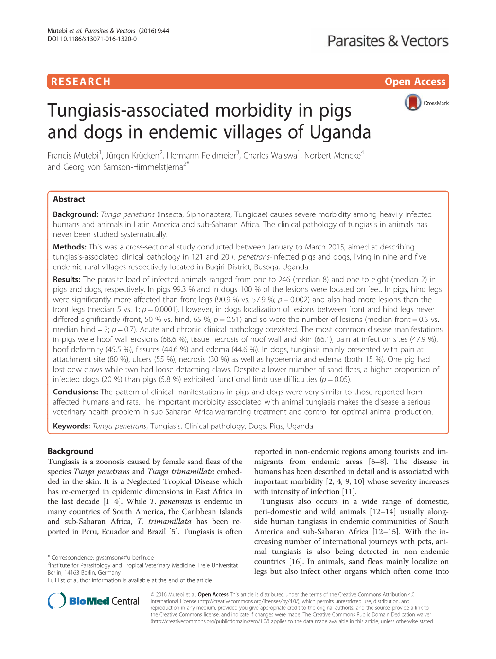 Tungiasis-Associated Morbidity in Pigs and Dogs in Endemic Villages Of