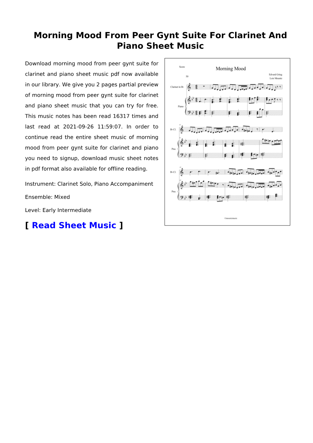 Morning Mood from Peer Gynt Suite for Clarinet and Piano Sheet Music