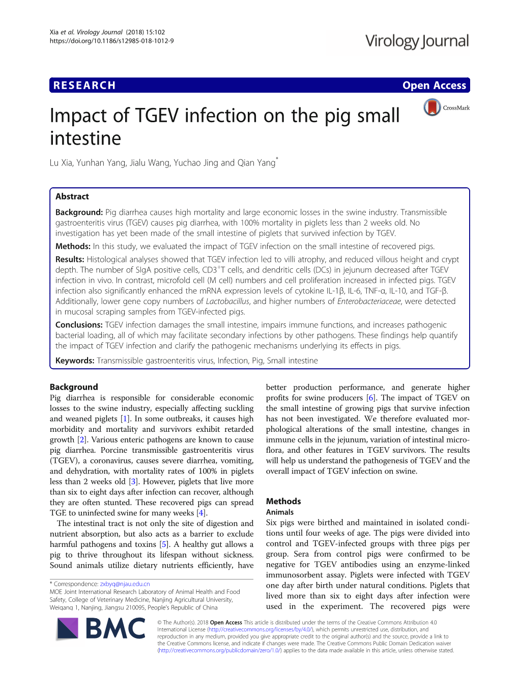 Impact of TGEV Infection on the Pig Small Intestine Lu Xia, Yunhan Yang, Jialu Wang, Yuchao Jing and Qian Yang*