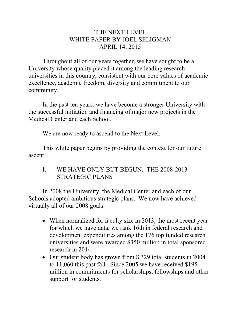 The Next Level White Paper by Joel Seligman April 14, 2015