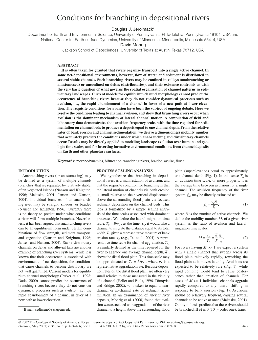 Conditions for Branching in Depositional Rivers