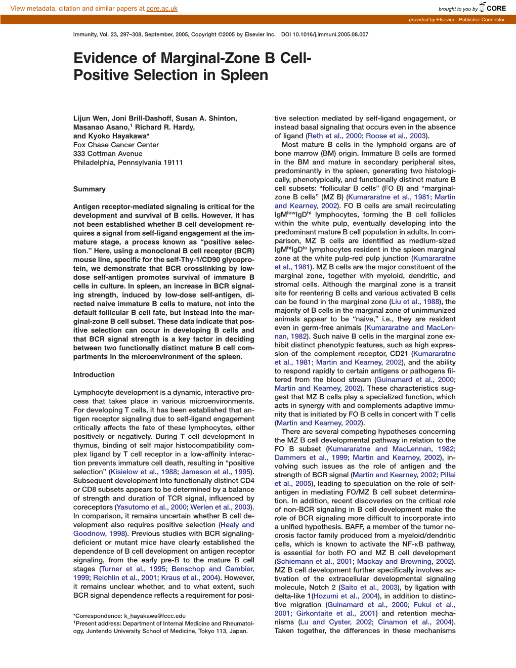 Evidence of Marginal-Zone B Cell- Positive Selection in Spleen