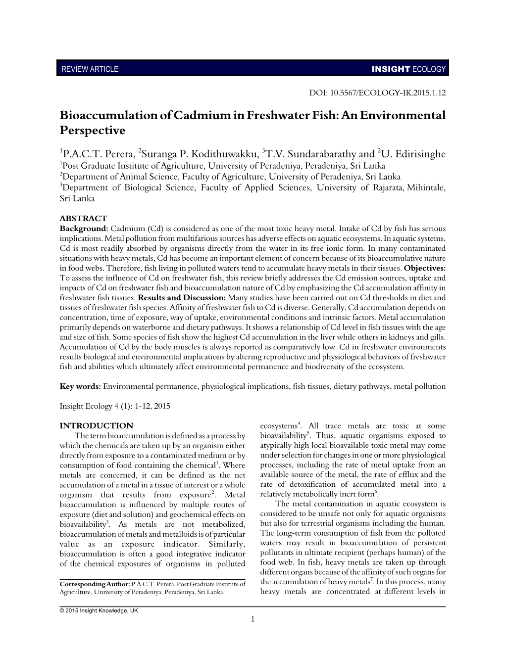 Bioaccumulation of Cadmium in Freshwater Fish: an Environmental Perspective
