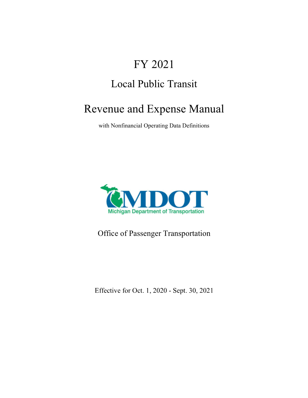 FY 2021 Michigan Local Public Transit Revenue and Expense Manual