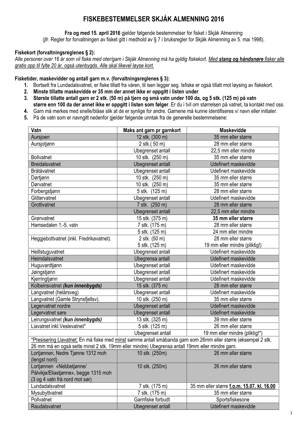 Fiskebestemmelser Skjåk Almenning 2016