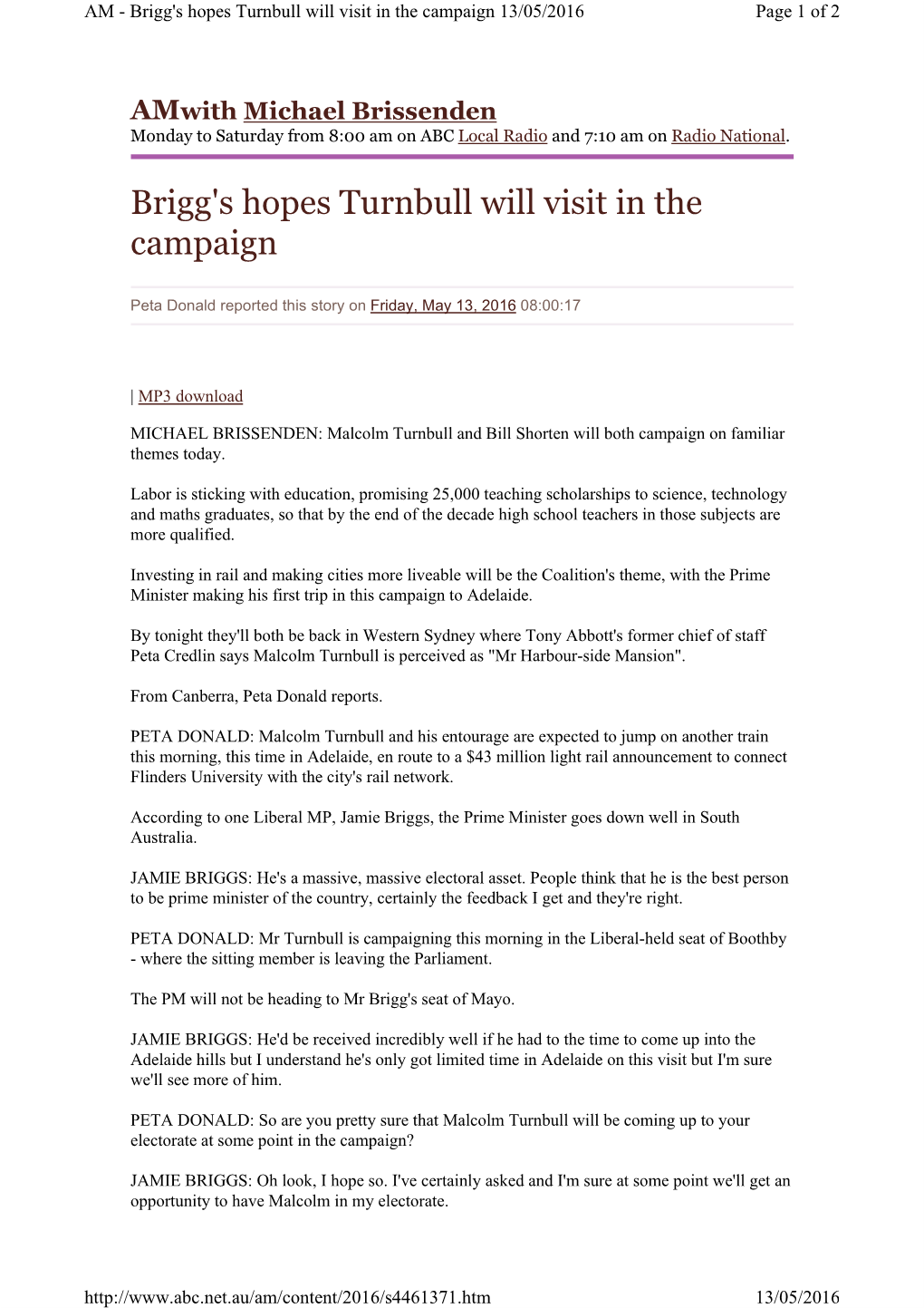 Brigg's Hopes Turnbull Will Visit in the Campaign 13/05/2016 Page 1 of 2