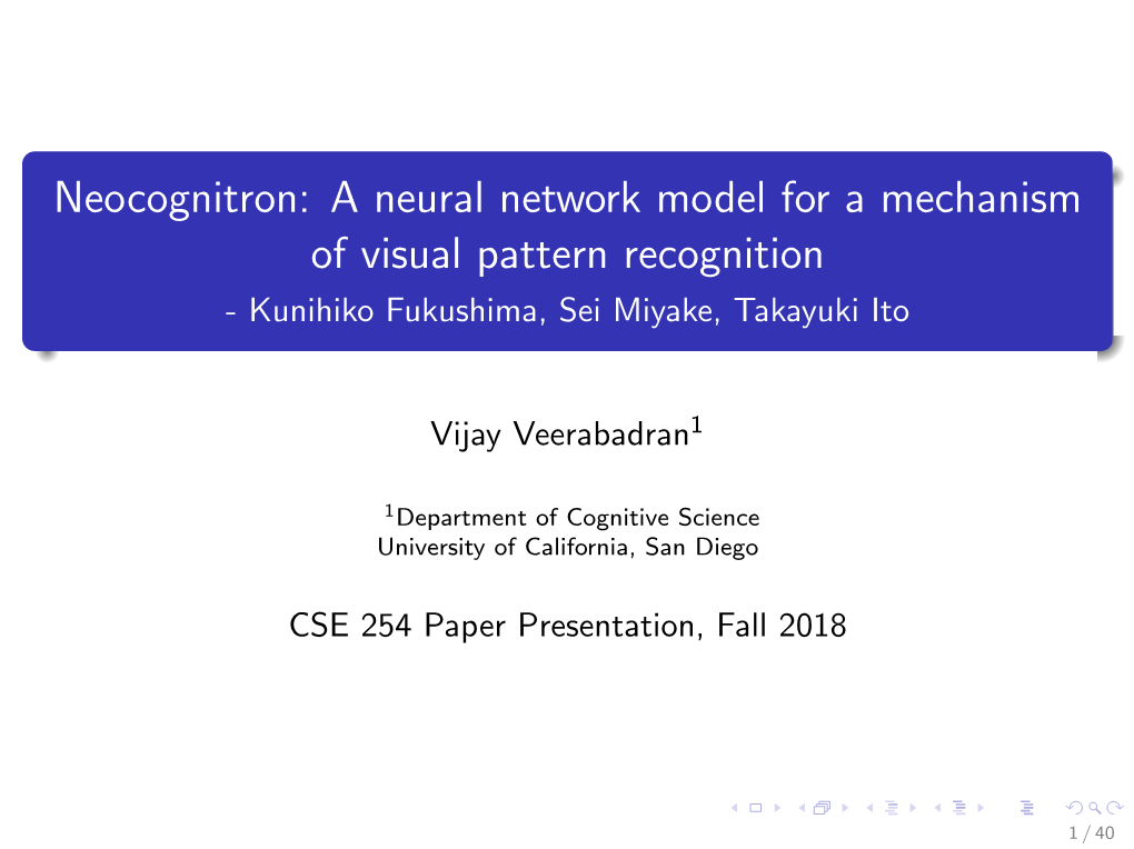 Neocognitron: a Neural Network Model for a Mechanism of Visual Pattern Recognition - Kunihiko Fukushima, Sei Miyake, Takayuki Ito
