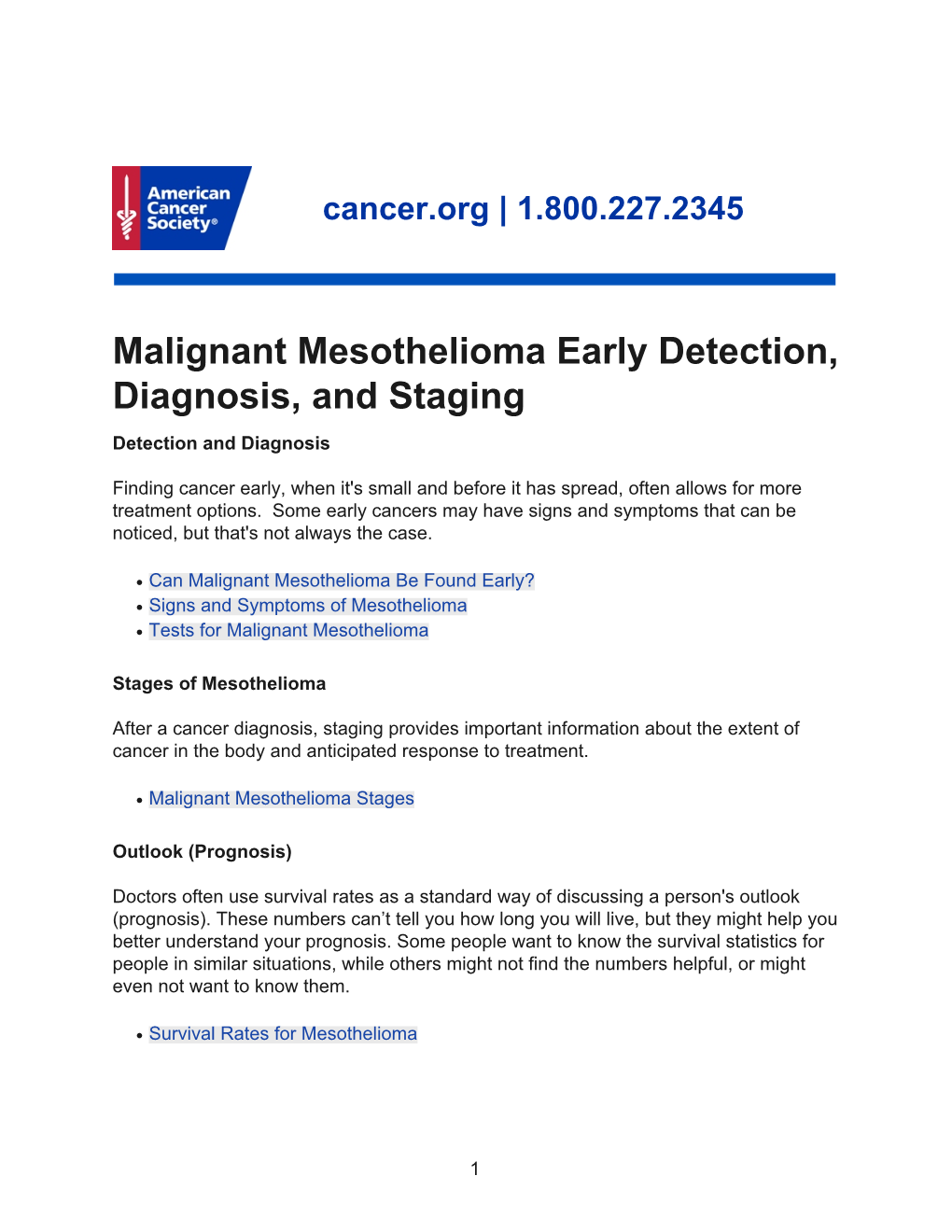 Malignant Mesothelioma Early Detection, Diagnosis, and Staging Detection and Diagnosis