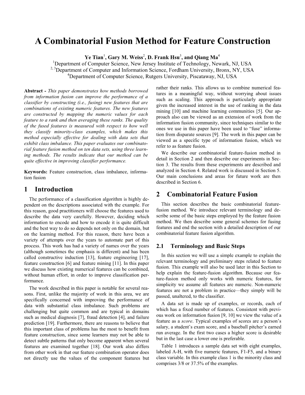 A Combinatorial Fusion Method for Feature Construction